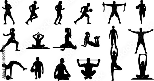 silhouette set of people doing sports and fitness activities