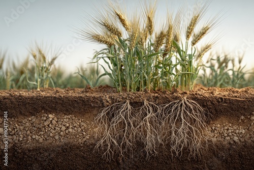 Barley plants with visible root system in soil, grain crop growth and agriculture concept