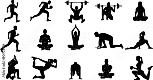 silhouette set of people doing sports and fitness activities