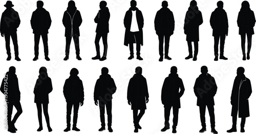 Silhouette collection of people in winter and fall clothing, coats, jackets, hoodies, scarves, hats, casual outerwear fashion illustration