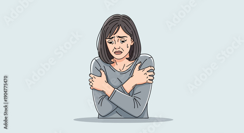 Sad Woman Embracing Herself Feeling Cold and Vulnerable.