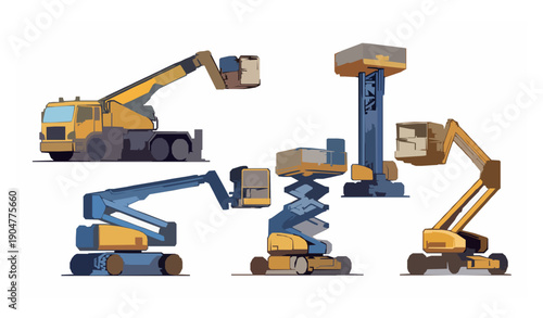 Construction lifting vehicles with telescopic arms and hydraulic platforms cartoon vector collection