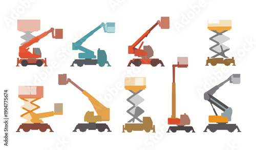Cute industrial lifting machines with boom arms and raised platforms flat cartoon vector set