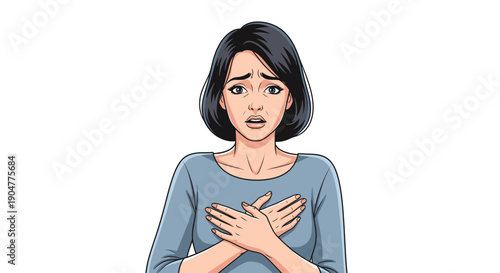 Worried Woman Clutching Chest in Distress and Discomfort.