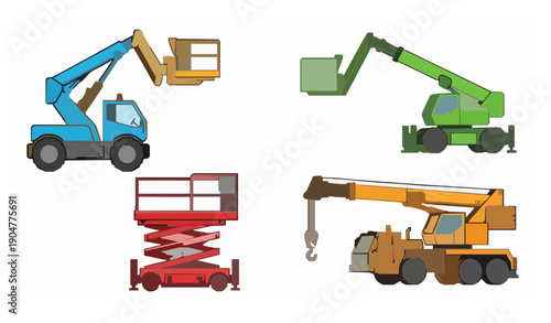 Lifting construction vehicles with hydraulic and telescopic platforms cartoon vector illustration set