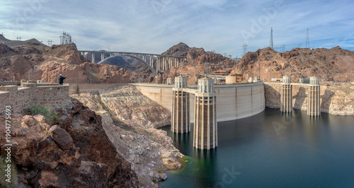 Hoover Dam panorama view and the low water level Nevada.