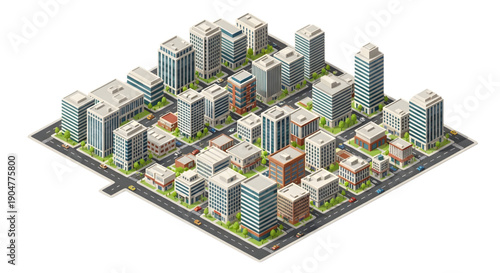 Isometric Urban Cityscape Illustration Featuring Modern Skyscrapers, Office Buildings, and Residential Structures on a Road Grid