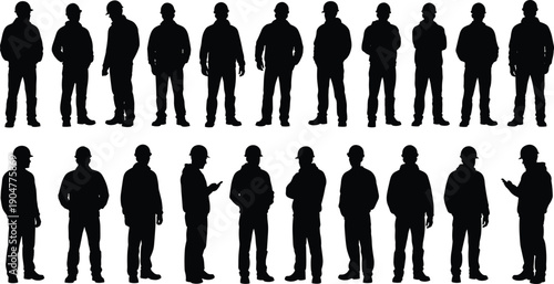 Silhouettes of construction workers wearing safety hard hats standing in diverse poses, teamwork concept, occupational industry professionals illustration