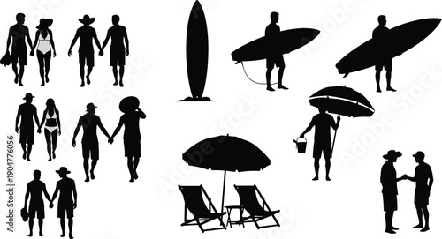 Silhouettes of people enjoying beach activities, walking hand in hand, surfing, relaxing under umbrellas, chairs, and summer leisure scenes