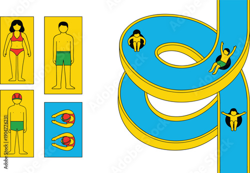 Colorful water park illustration with people sliding on spiral waterslides, summer swimming activities, flat modern vector design isolated on white background