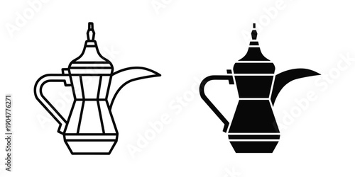 A black and white illustration depicts two traditional arabic coffee pots one outlined and one filled side by side high quality professional detailed modern elegant stylish