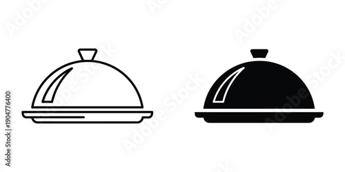 A simple black and white illustration depicts two covered serving dishes one outlined and the other filled presented side by side high quality professional detailed modern