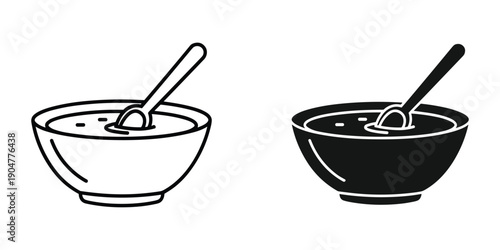 This image showcases two black and white line art depictions of bowls filled with a substance each containing a spoon high quality professional detailed modern elegant