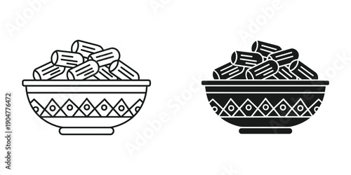 A black and white illustration depicts two ornate bowls filled with dates a popular middle eastern fruit presented side by side high quality professional detailed modern