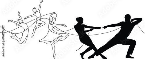 Abstract contemporary dance silhouettes with flowing line art, expressive modern ballet movement figures, minimalist artistic vector illustration on white background