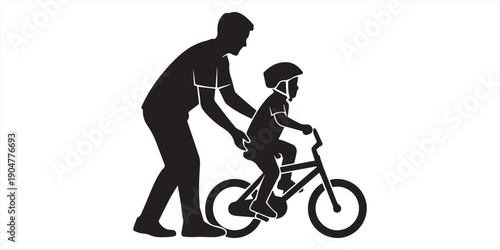 Father teaching son to ride a bicycle silhouette illustration.