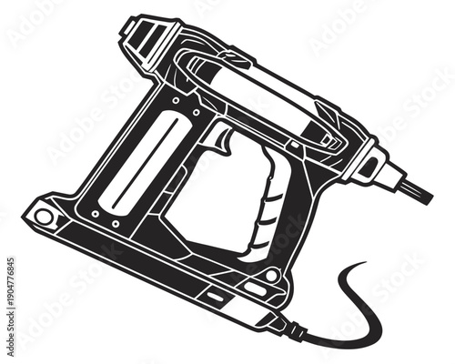 A black and white diagram of a power tool with a detailed internal structure