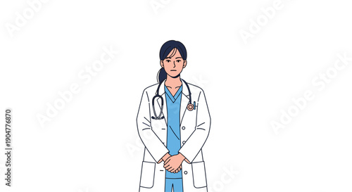 Professional female doctor in a white lab coat and blue scrubs with a stethoscope, standing with clasped hands,