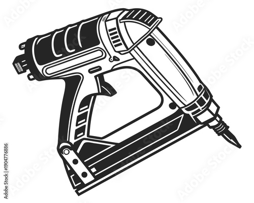 A close-up view of a modern nail gun with a sleek design and a black and white color scheme