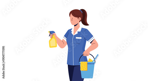 Diligent female cleaner in a blue uniform, holding a spray bottle and a bucket with various cleaning supplies, ready to