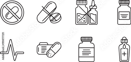 Medical icons showing prohibited and allowed medications, pills, and healthcare symbols for pharmaceutical guidance