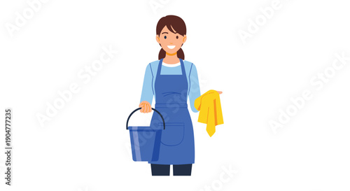Cheerful female cleaner in a blue apron, holding a bucket and a bright yellow cleaning cloth, ready to make spaces