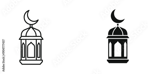 Two black and white illustrations depict traditional islamic lanterns each topped with a crescent moon symbolizing faith and culture high quality professional detailed modern elegant stylish