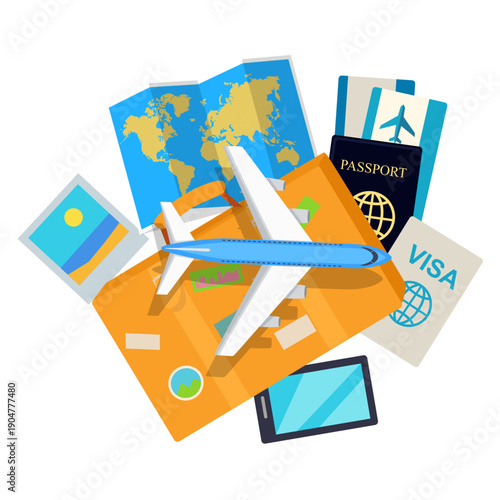 Travel documents and airplane on a map and luggage for international journey