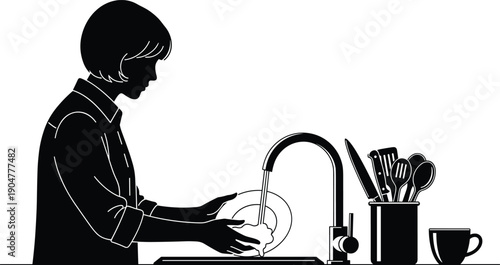 Black and White Vector Illustration of a Woman Washing Dishes in Kitchen Sink, Housekeeping Chores, Domestic Lifestyle and Daily Home Routine Activities Concept