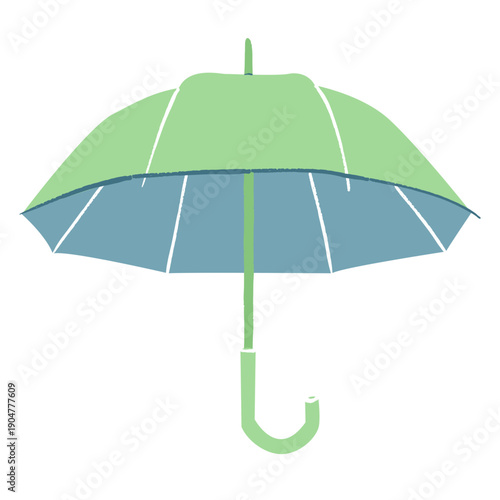A green and blue umbrella standing upright on its handle, viewed from the side, in a minimalist illustration style