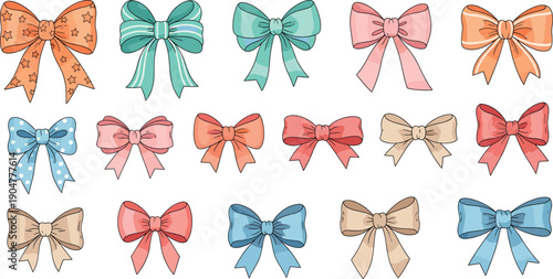 Collection of various colorful decorative ribbon bows including polka dots stars and stripes for gift wrapping and celebration holiday designs.