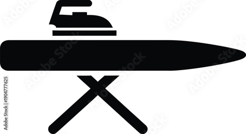 A black silhouette icon of an iron resting on top of a classic ironing board