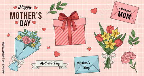 Happy Mother's Day collection with pink gift box floral bouquets greeting envelopes and hearts for spring holiday celebration designs.