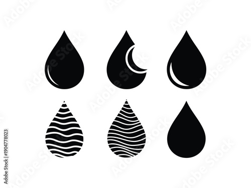 Collection of six water drop icons, including solid and patterned variations, representing liquid and purity.