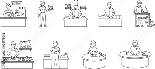 Hospitality workers line icons set, barista chef waiter cleaner cashier cooking serving food restaurant staff professional outline illustration bundle