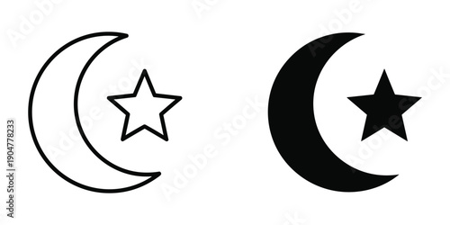 A minimalist illustration displays two crescent moons each accompanied by a five pointed star in black and white high quality professional detailed modern elegant stylish clean