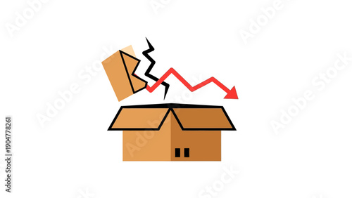Damaged Shipping Box Icon with Downward Red Arrow: Delivery Failure, Product Loss, and Supply Chain Crisis