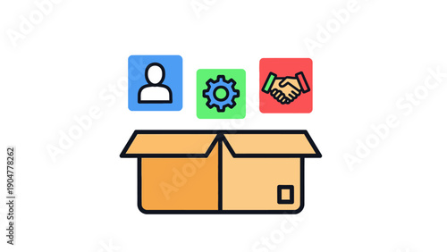 Service Package Delivery Concept: User, Process, and Partnership Icons Above an Open Box Illustration