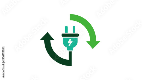 Electric Plug Icon with Circular Arrows. Green Energy Cycle, Power Efficiency, and Recycling Symbol.
