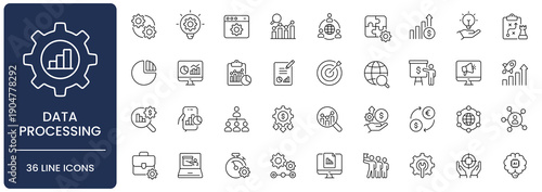 Data Processing and Analytics Line Icon Set. Collection of analysis, statistics, database, algorithm, optimization, information, digital, chart, graph, Outline, Editable Stroke, Vector illustration.