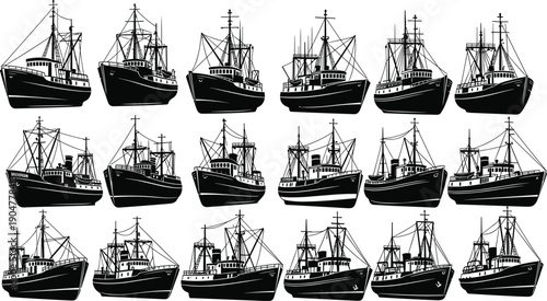 Black and White Vector Illustration Set of Eighteen Fishing Trawlers and Ships for Maritime Industry Nautical Commerce and Professional Sea Travel Designs