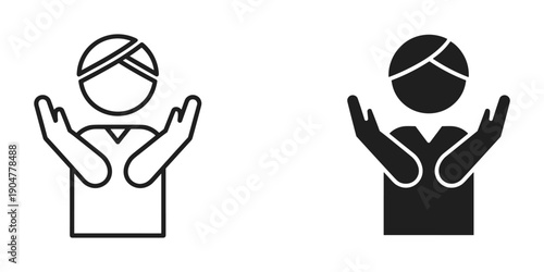 This image showcases two simple black and white icons of a person in prayer facing forward with raised hands high quality professional detailed modern elegant stylish