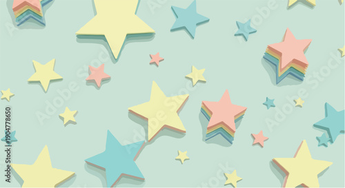 Seamless Pattern of Colorful 3d Pastel Stars with Soft Shadows on a Light Green Background, Creating a Whimsical Design