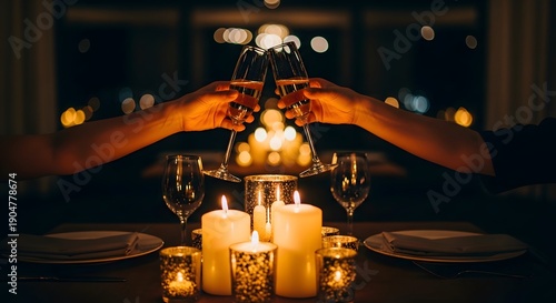 Romantic candlelit dinner setup with wine glasses and plates