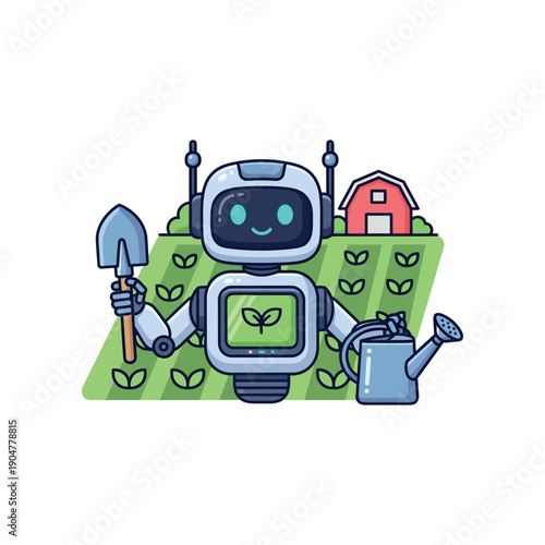 Robot gardening in a lush green field with farmhouse background illustration
