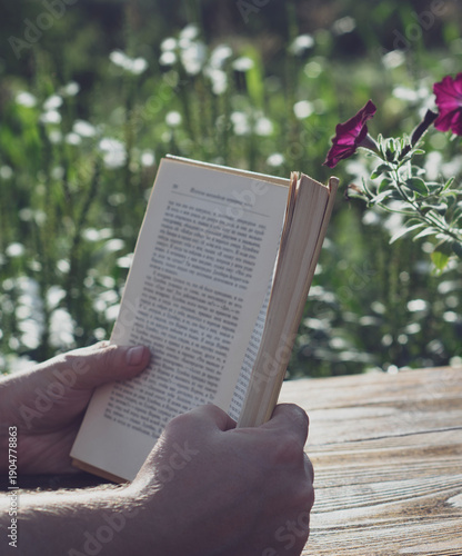 Person reading a book outdoors on a sunny day