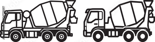 Pair of cement mixer trucks, industrial vehicles for construction and building, depicted in a clean, modern outline style.