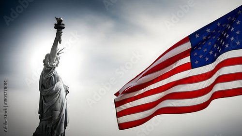 The statue of liberty with american flag