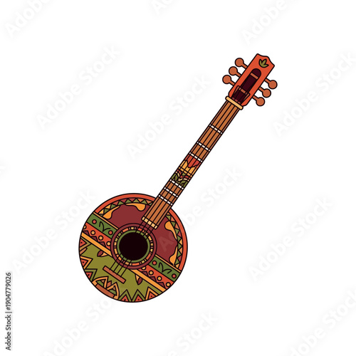 Vibrant illustration of a decorated stringed instrument on white background