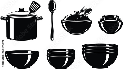 Black and White Vector Illustration of Kitchen Cookware Set with Pots Bowls Spoons and Forks for Cooking Culinary Arts and Restaurant Branding